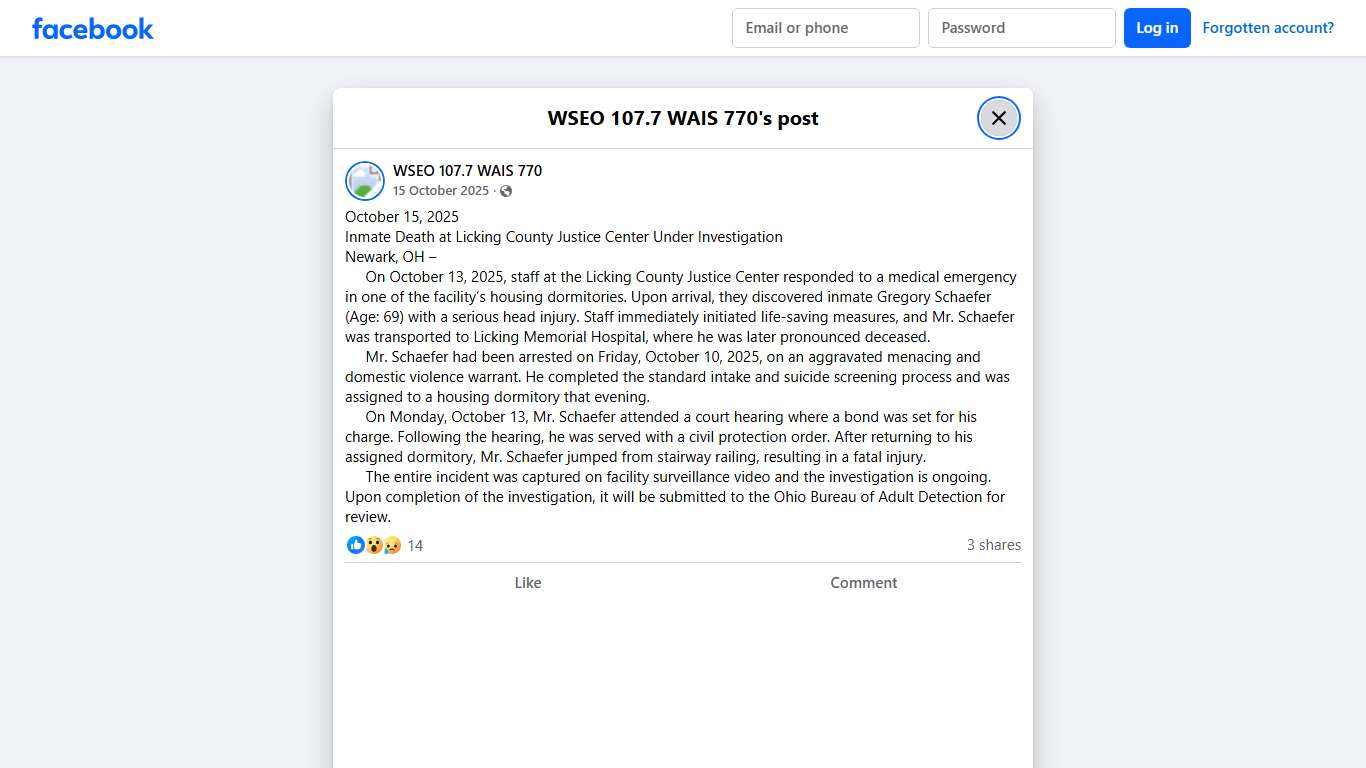 October 15, 2025 Inmate Death at... - WSEO 107.7 WAIS 770 Facebook