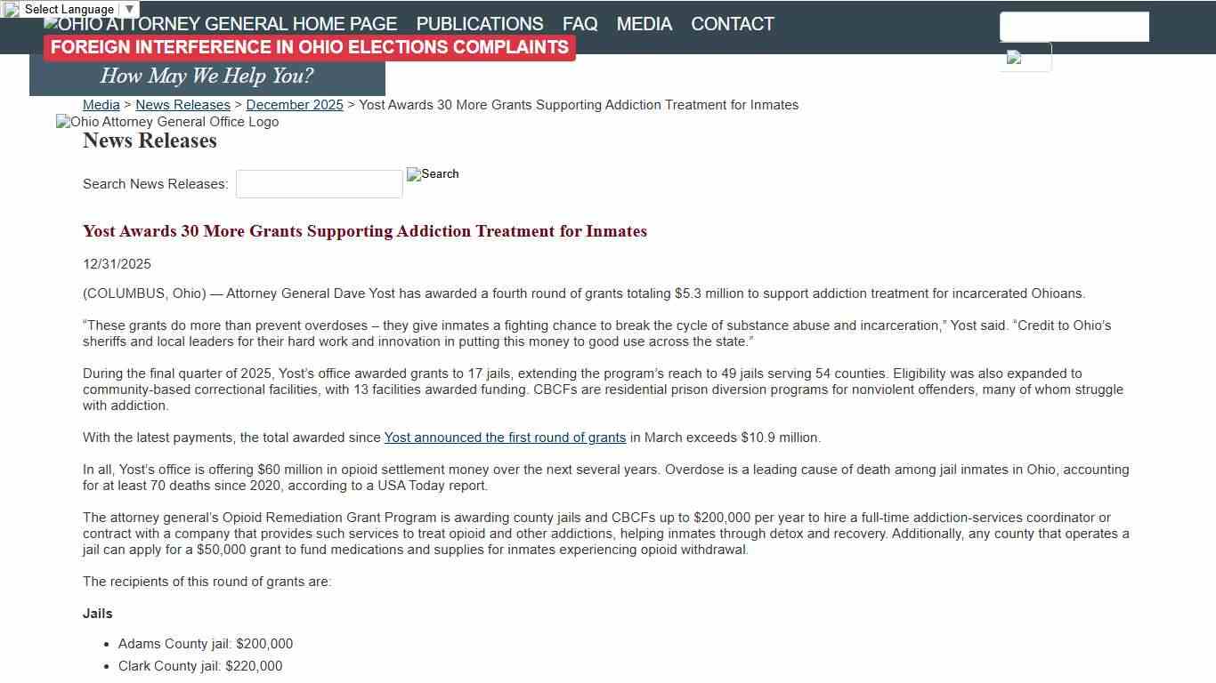 Yost Awards 30 More Grants Supporting Addiction Treatment for Inmates - Ohio Attorney General Dave Yost